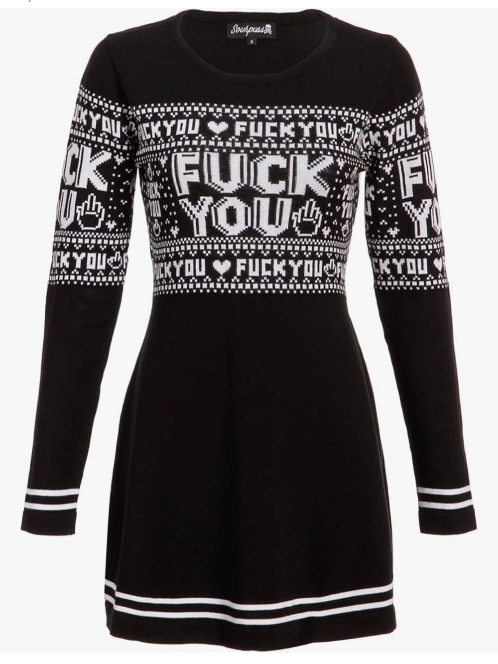 Sourpuss Black F You Long-Sleeve Knit Dress